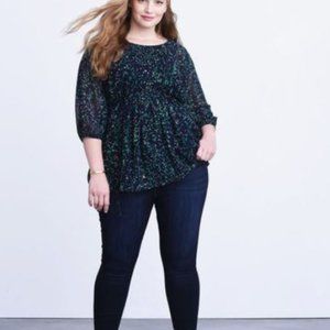 Molly+Isadora Pintuck Blouse Navy/green print NWT